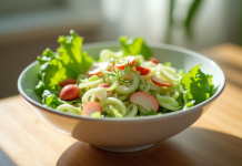Salade fraîche avec leek, laitue et lime dans un bol blanc