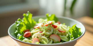 Salade fraîche avec leek, laitue et lime dans un bol blanc