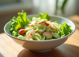 Salade fraîche avec leek, laitue et lime dans un bol blanc