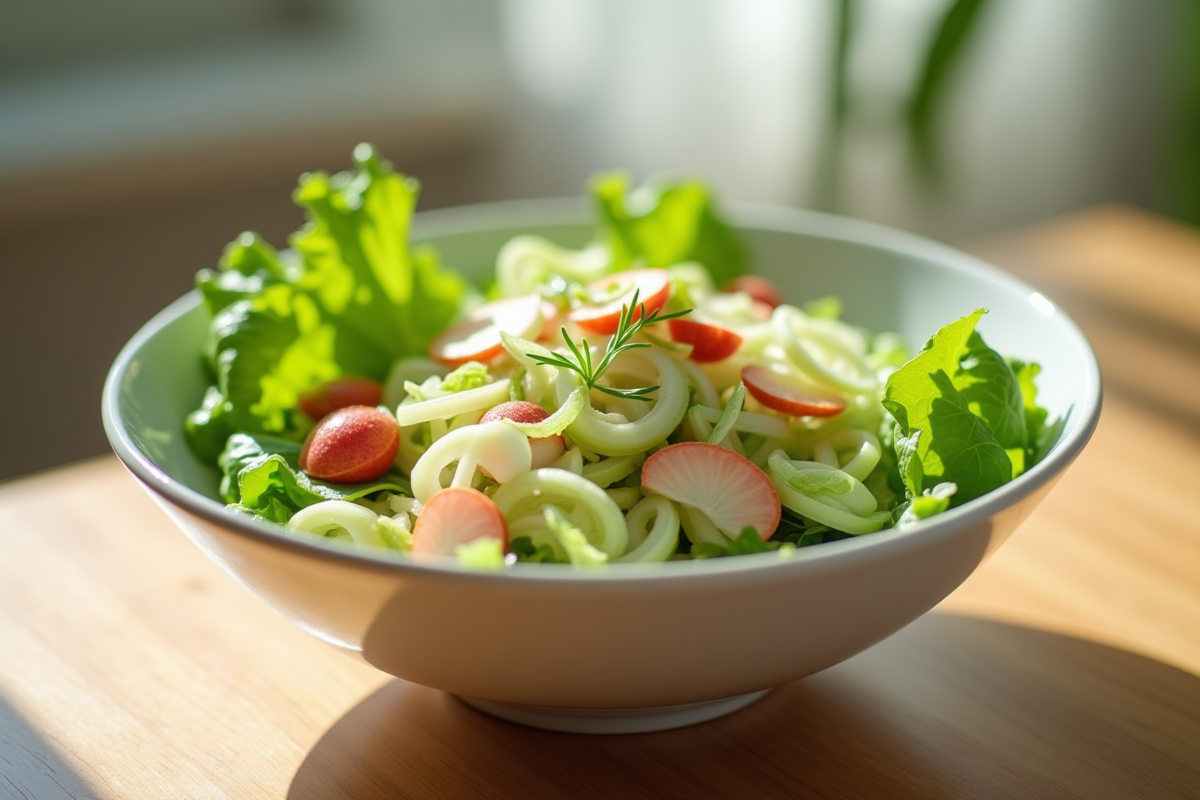 Salade fraîche avec leek, laitue et lime dans un bol blanc