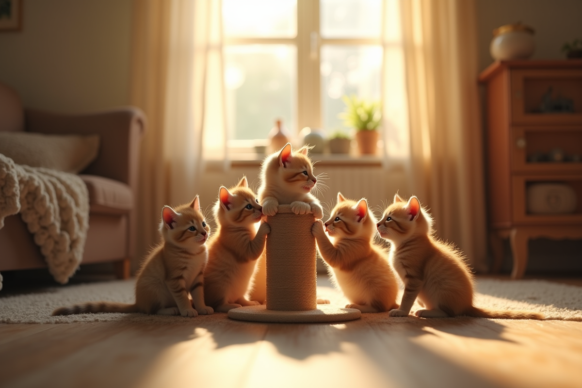 Jeunes chatons jouant dans un salon ensoleille