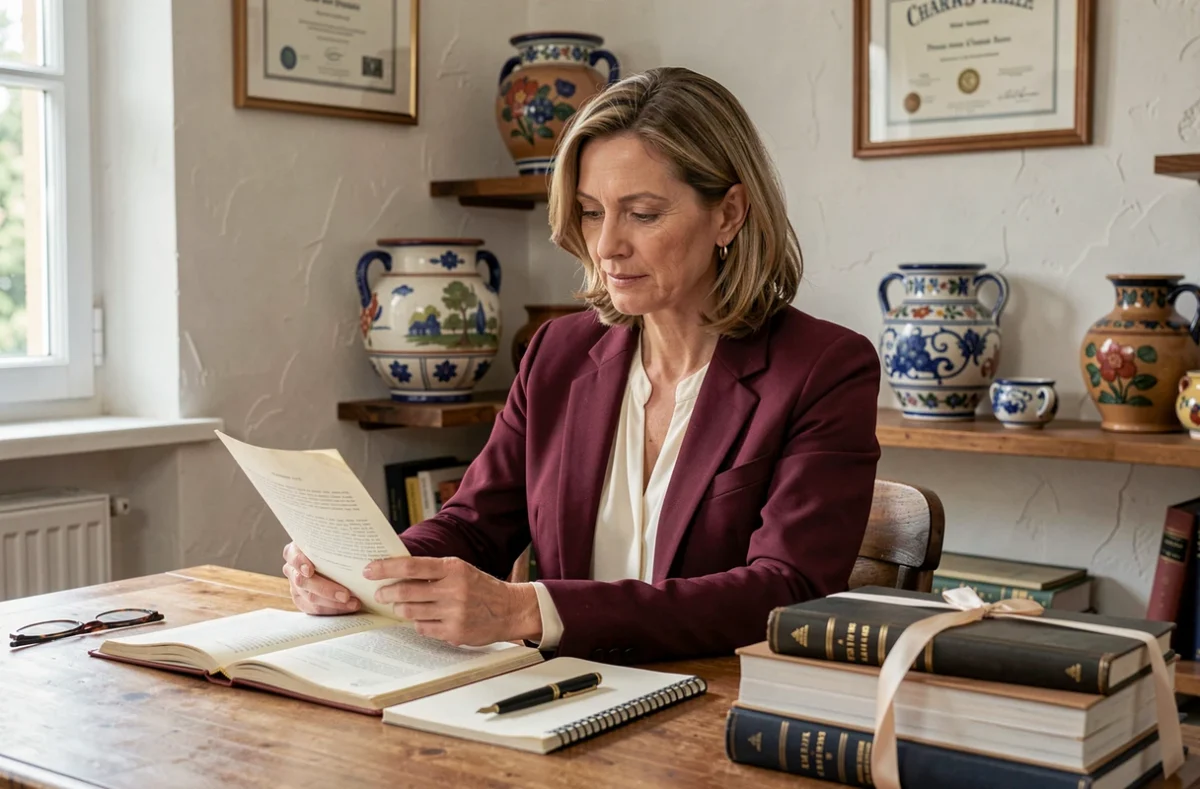 L'avocate Corinne Santiago assise à son bureau dans un cabinet provençal avec dossiers juridiques et certificats encadrés