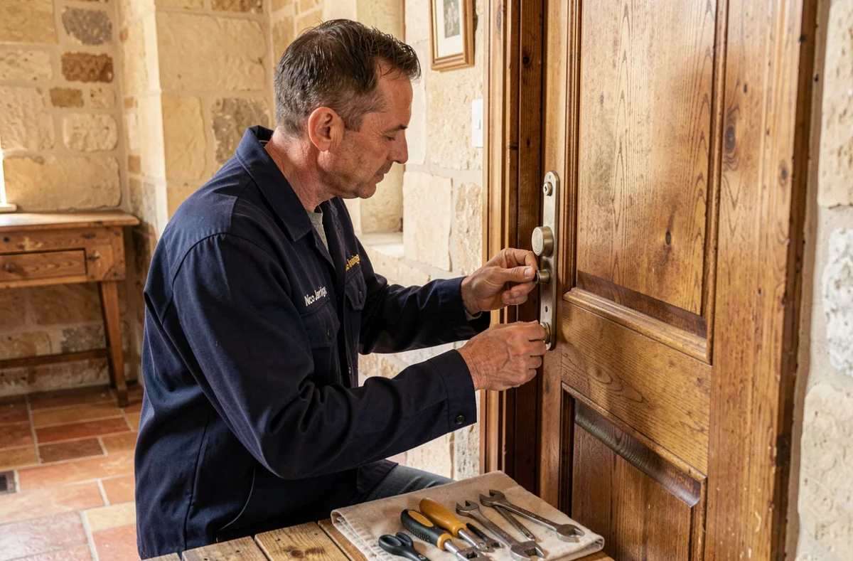 Technicien de la SARL Nico Jarrige installant une serrure de sécurité sur une porte en chêne dans une maison du Cantal