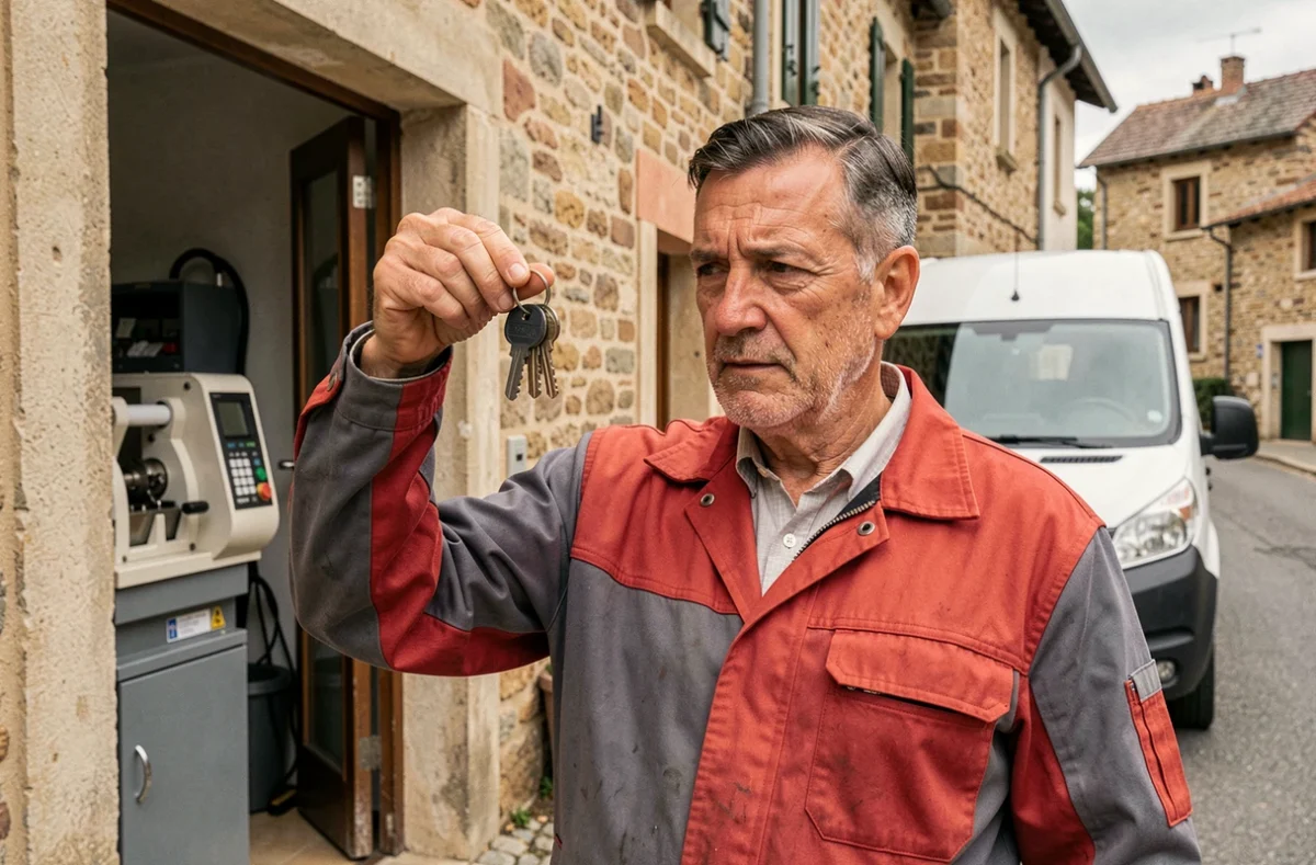 Serrurier de la SARL Pontier Girou examinant des clés fraîchement taillées devant un bâtiment en pierre d'une ville du Cantal
