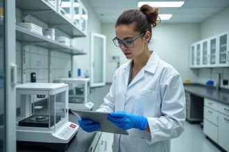 Scientifique en laboratoire analytique utilisant une balance de précision BELMASS pour optimiser ses méthodes d'analyse en 2026