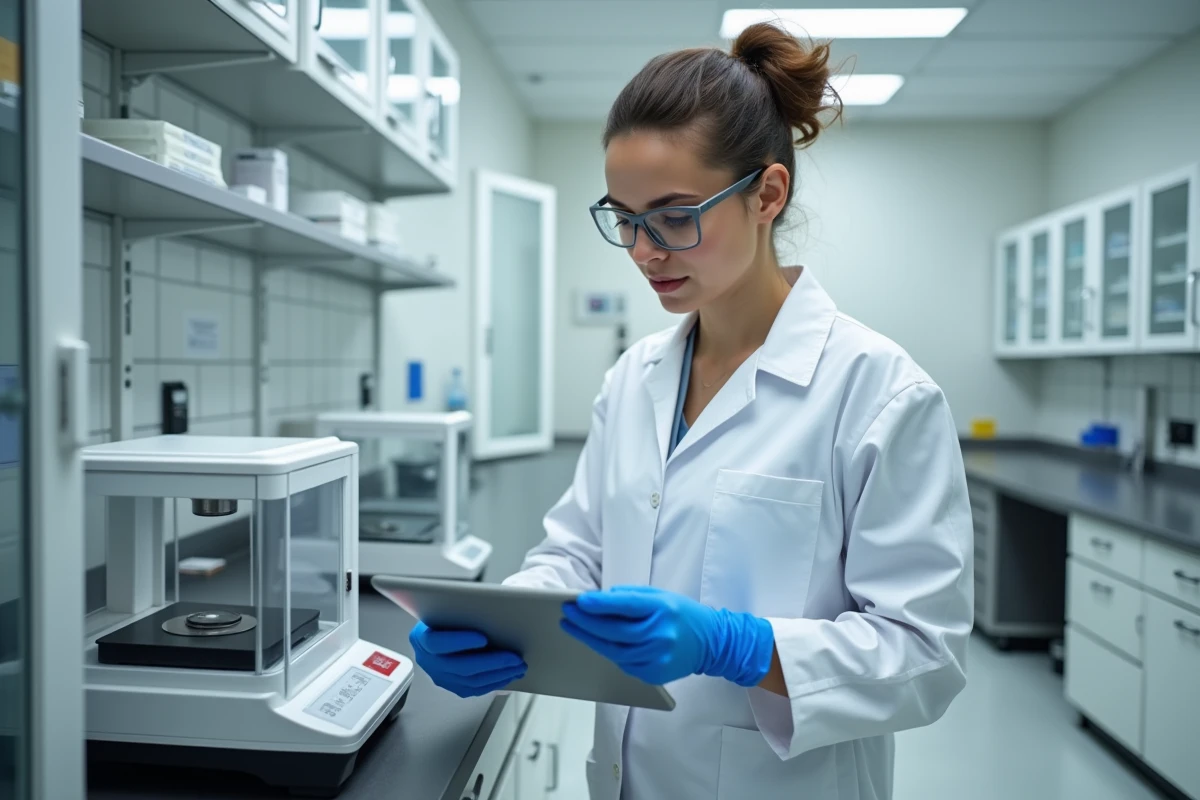 Scientifique en laboratoire analytique utilisant une balance de précision BELMASS pour optimiser ses méthodes d'analyse en 2026