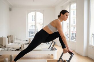 Femme pratiquant une séance de Pilates sur reformer dans un studio moderne et épuré à Paris, quartier Monceau