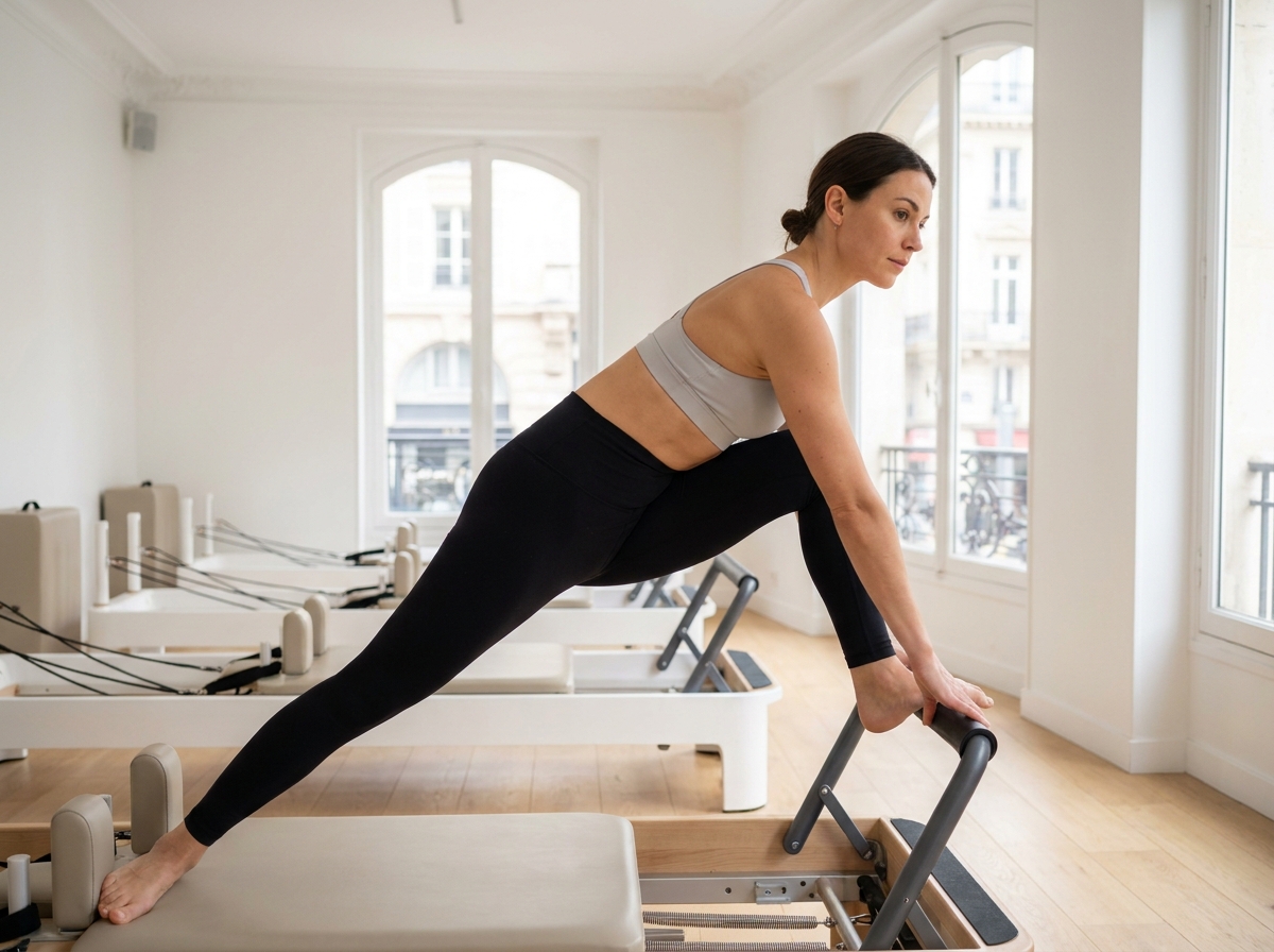 Femme pratiquant une séance de Pilates sur reformer dans un studio moderne et épuré à Paris, quartier Monceau