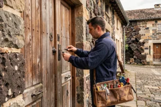 Serrurier professionnel intervenant sur une porte ancienne dans un village du Cantal, avec des bâtiments en pierre volcanique en arrière-plan