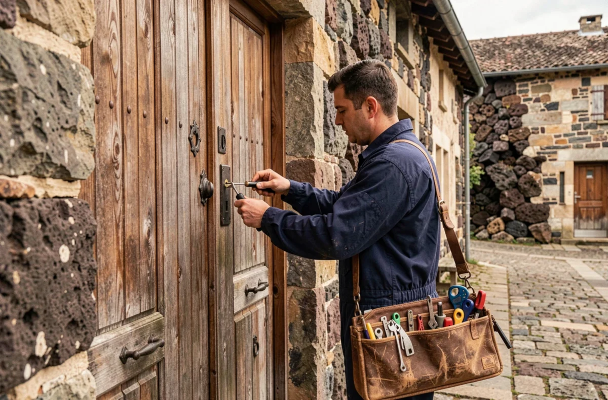 Serrurier professionnel intervenant sur une porte ancienne dans un village du Cantal, avec des bâtiments en pierre volcanique en arrière-plan