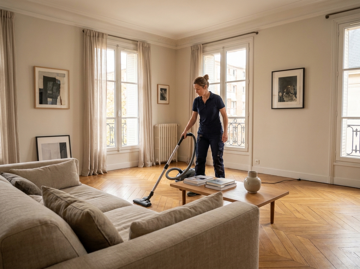 Professionnelle des services à domicile passant l'aspirateur dans un salon contemporain propre et rangé à Sénart