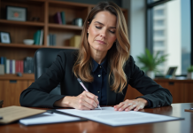 Femme d'affaires signant un contrat immobilier dans un bureau moderne
