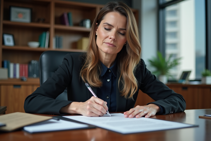 Femme d'affaires signant un contrat immobilier dans un bureau moderne