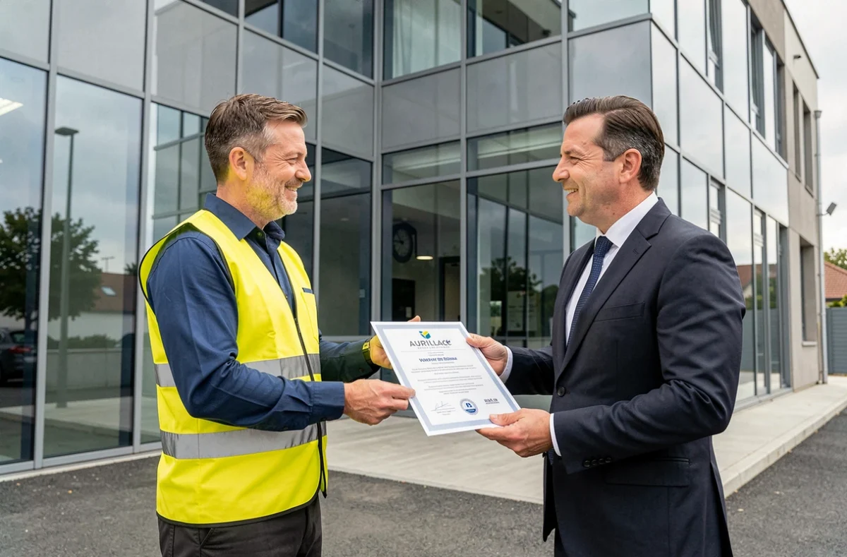 Technicien de la Société ASMOP présentant une certification de sécurité à un gestionnaire d'immeuble commercial à Aurillac dans le Cantal