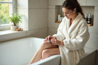 Femme appliquant une lotion hydratante sur ses jambes dans une salle de bain épurée, routine de soin sans rasoir ni cire
