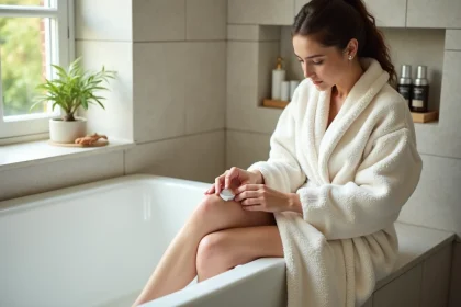 Femme appliquant une lotion hydratante sur ses jambes dans une salle de bain épurée, routine de soin sans rasoir ni cire
