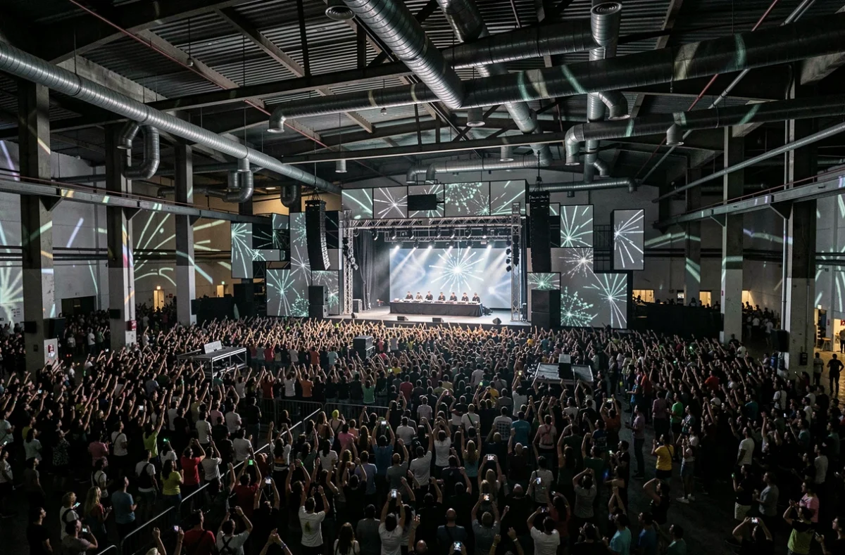 Grande salle de club format industriel pendant une soirée collective avec une foule dense et une scène modulable