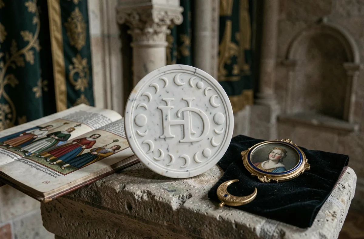 Détail symbolique d'objets de cour Renaissance, médaillon sculpté aux initiales H et D évoquant Henri II et Diane de Poitiers, croissant de lune et miniature dorée sur pierre ancienne