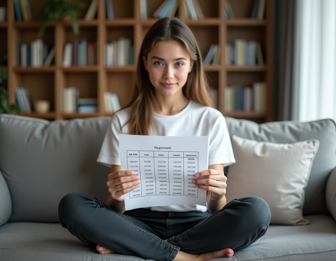 Jeune femme consultant un tableau de conversion AM PM vers le format 24 heures sur une feuille imprimée dans un salon