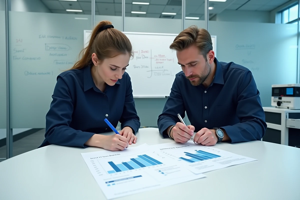 Deux techniciens de laboratoire collaborant sur un rapport de validation de méthodes analytiques avec des outils BELMASS