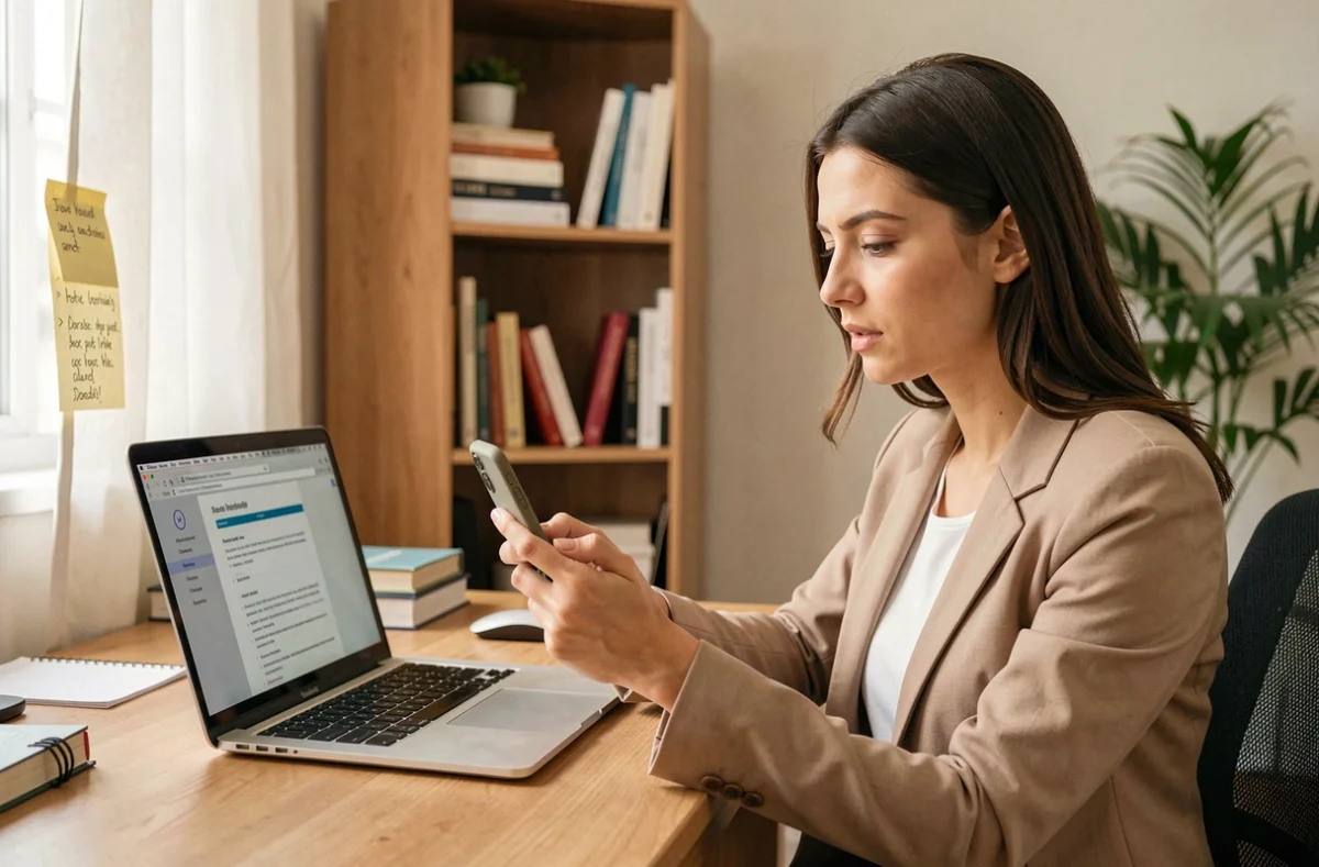 Femme en télétravail distraite par son smartphone devant son ordinateur portable, difficulté à gérer les réseaux sociaux pendant le travail à domicile