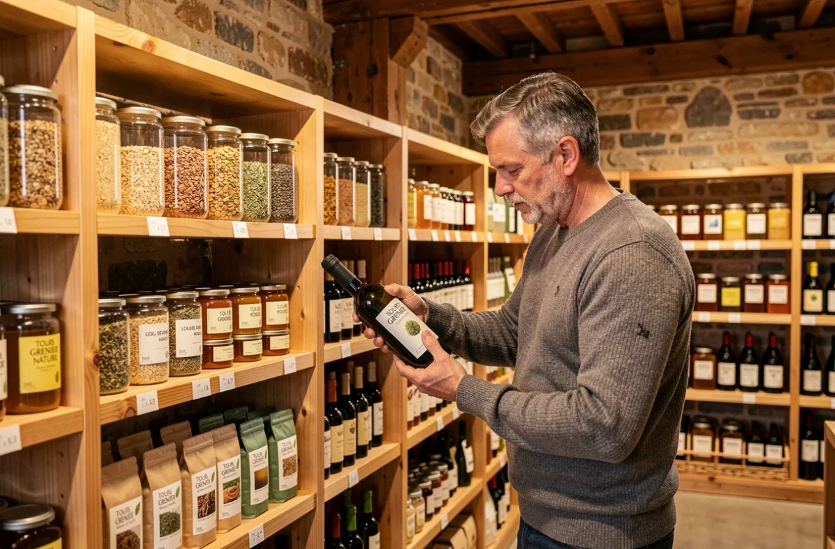 Client choisissant un vin naturel dans le magasin bio Tours Grenier Nature aux murs en pierre