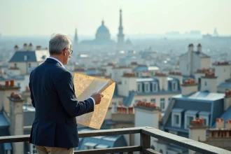 Urbaniste étudiant une carte de Paris sur un toit avec vue panoramique sur les toits haussmanniens et la skyline urbaine
