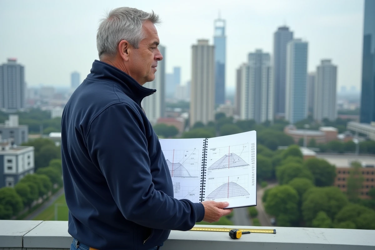 Urbaniste consultant des tableaux de conversion de surface en hectares et mètres carrés sur un toit urbain