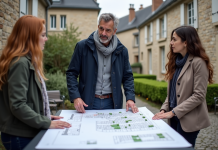 Rôle et avantages du PLU pour une commune : les clés d’une urbanisation réussie Urbaniste en extérieur avec plans dans un village français