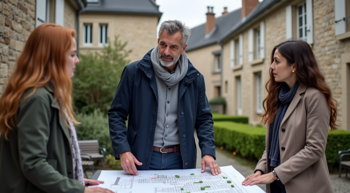 Rôle et avantages du PLU pour une commune : les clés d’une urbanisation réussie Urbaniste en extérieur avec plans dans un village français