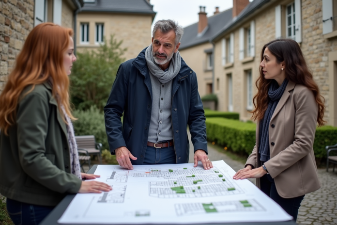 urbaniste-planification-ville Urbaniste en extérieur avec plans dans un village français