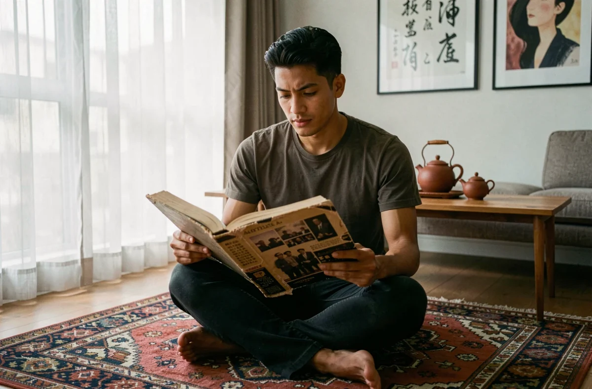 Jeune homme feuilletant un album de famille sur un tapis kilim dans un intérieur multiculturel illustrant l'exploration de ses origines et de son histoire personnelle