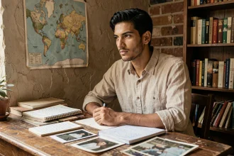 Jeune homme d'origines mixtes assis à un bureau vintage entouré de carnets et de photos anciennes évoquant ses racines et son parcours identitaire