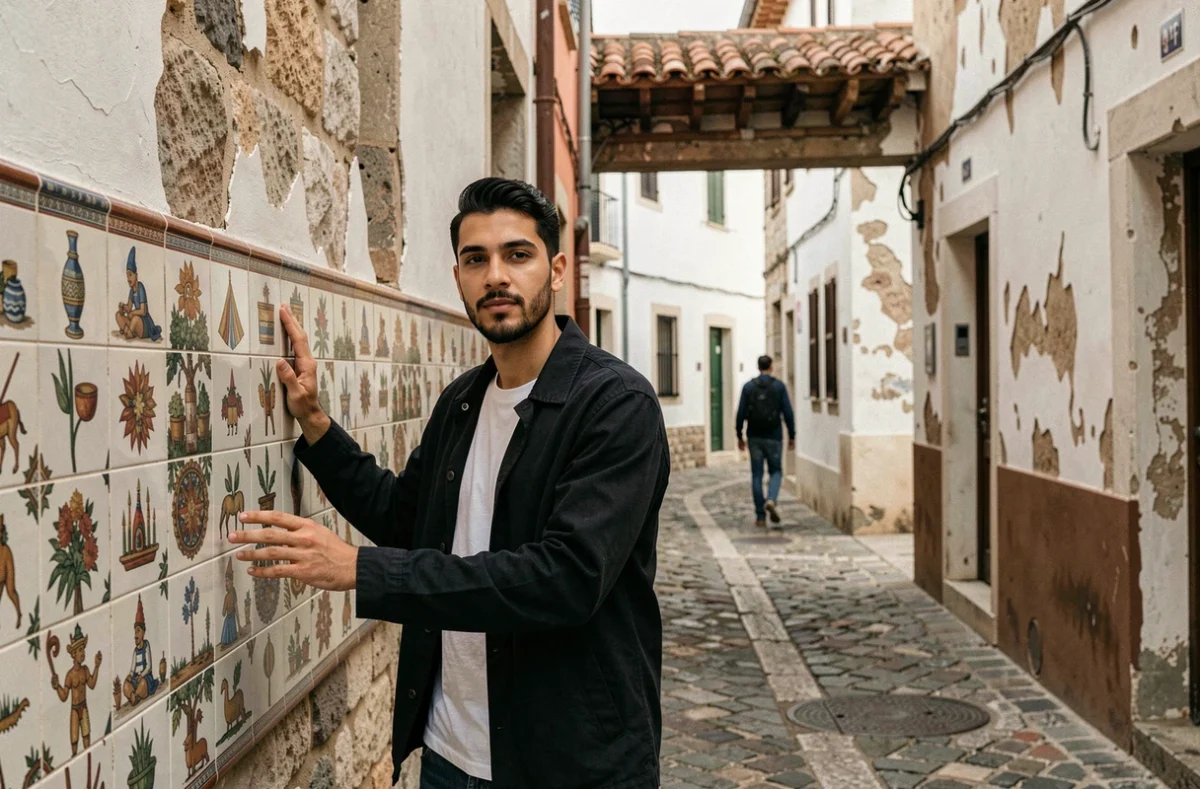 Homme aux traits méditerranéens dans une ruelle pavée aux murs de carreaux peints symbolisant les influences culturelles et les origines cachées