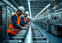 Intérieur moderne d'une usine de batteries en France avec machines et ouvriers