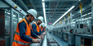 Intérieur moderne d'une usine de batteries en France avec machines et ouvriers