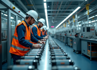 Intérieur moderne d'une usine de batteries en France avec machines et ouvriers