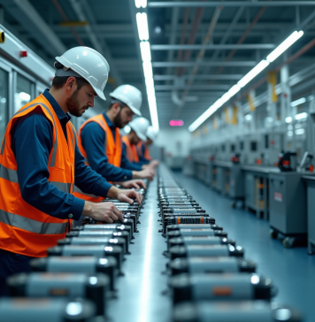 Batteries en France : qui les fabrique ? Intérieur moderne d'une usine de batteries en France avec machines et ouvriers