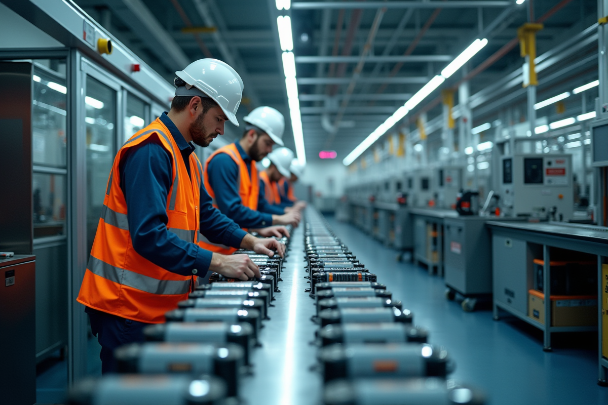 Intérieur moderne d'une usine de batteries en France avec machines et ouvriers