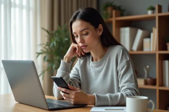 Femme utilisant son smartphone pour scanner un document avec l'application Epsilone.scan en toute sécurité depuis son bureau à domicile