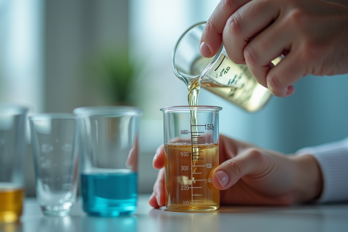 Mains versant du liquide dans un cylindre gradué en gros plan
