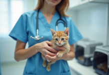 Vétérinaire dans une clinique avec un chaton joueur