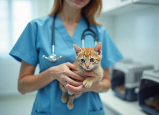 Vétérinaire dans une clinique avec un chaton joueur