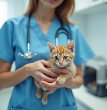 Pourquoi devrait-on envisager une stérilisation précoce pour les chatons ? Vétérinaire dans une clinique avec un chaton joueur