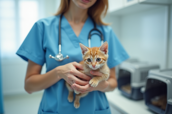 Vétérinaire dans une clinique avec un chaton joueur