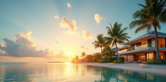 Villas modernes sur une plage tropicale au lever du soleil