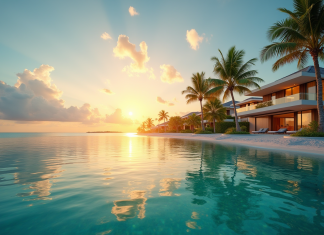Villas modernes sur une plage tropicale au lever du soleil