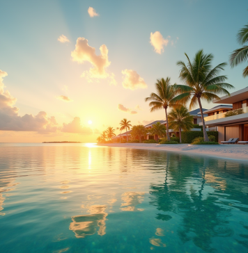 Villas modernes sur une plage tropicale au lever du soleil