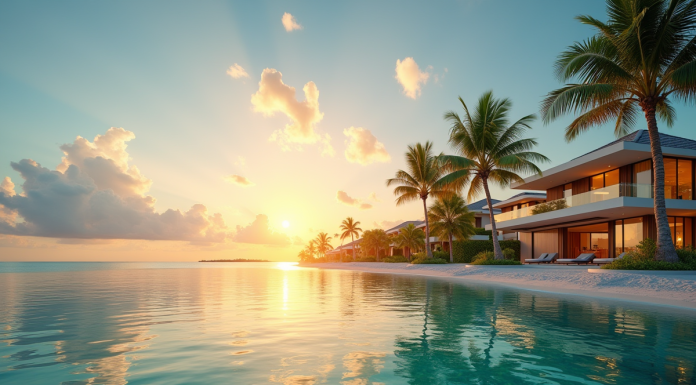 Villas modernes sur une plage tropicale au lever du soleil