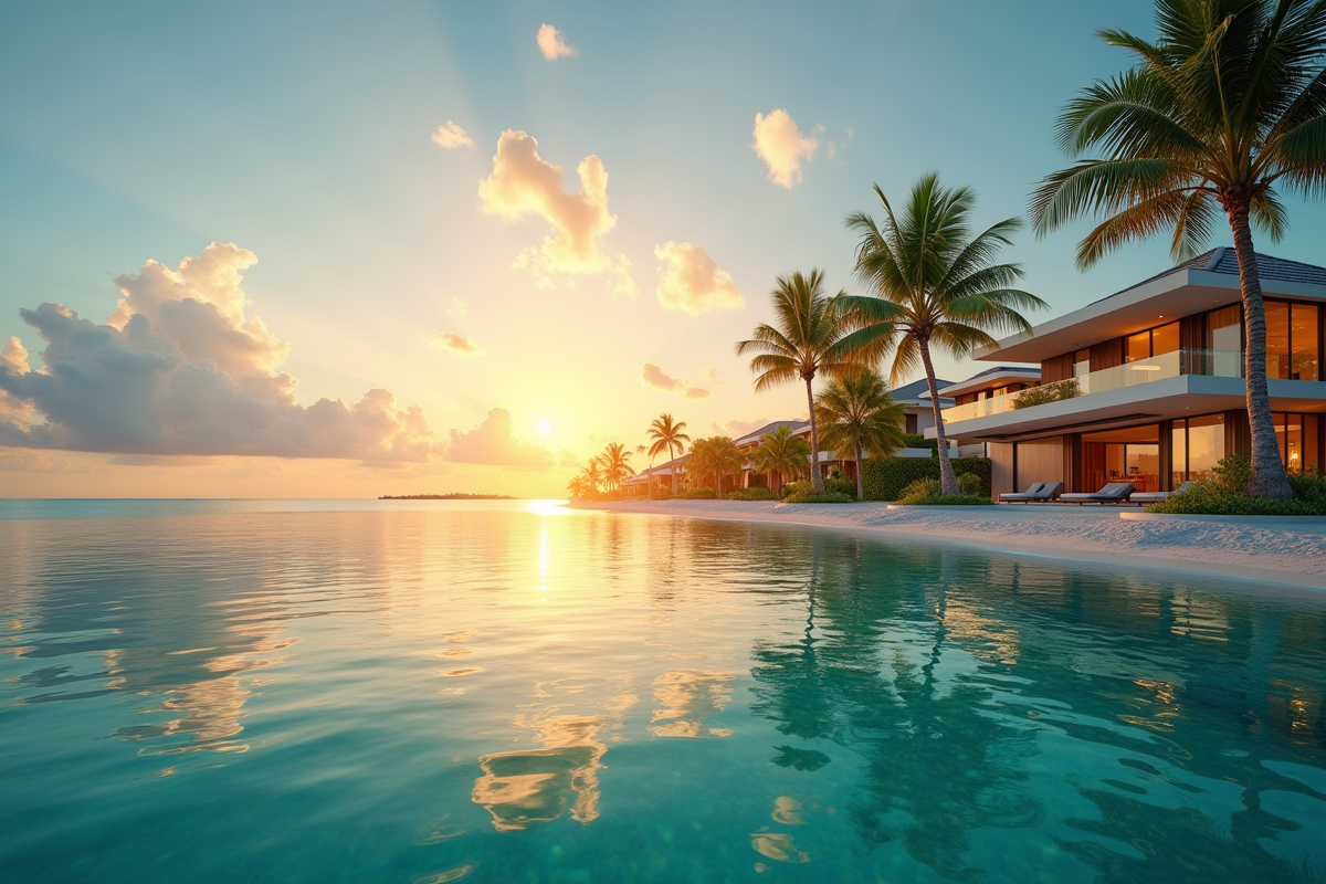 Villas modernes sur une plage tropicale au lever du soleil